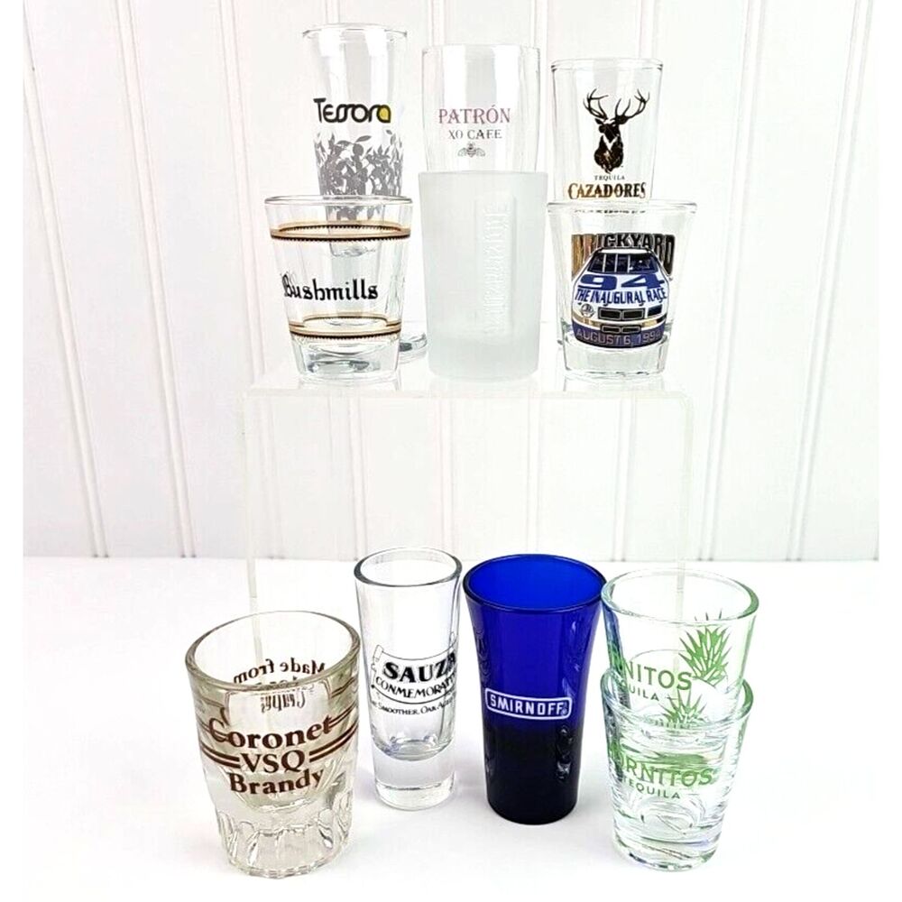Lot of 11 Collectible Shot Glasses Smirnoff Bushmills Sauza Hornitos Brickyard
